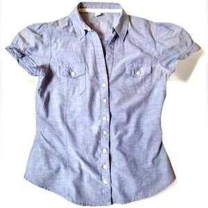 💕DEREK❤️HEART💕 FITTED COTTON PUFF CAP SLEEVE ELASTIC BACK WAIST BUTTON BLOUSE